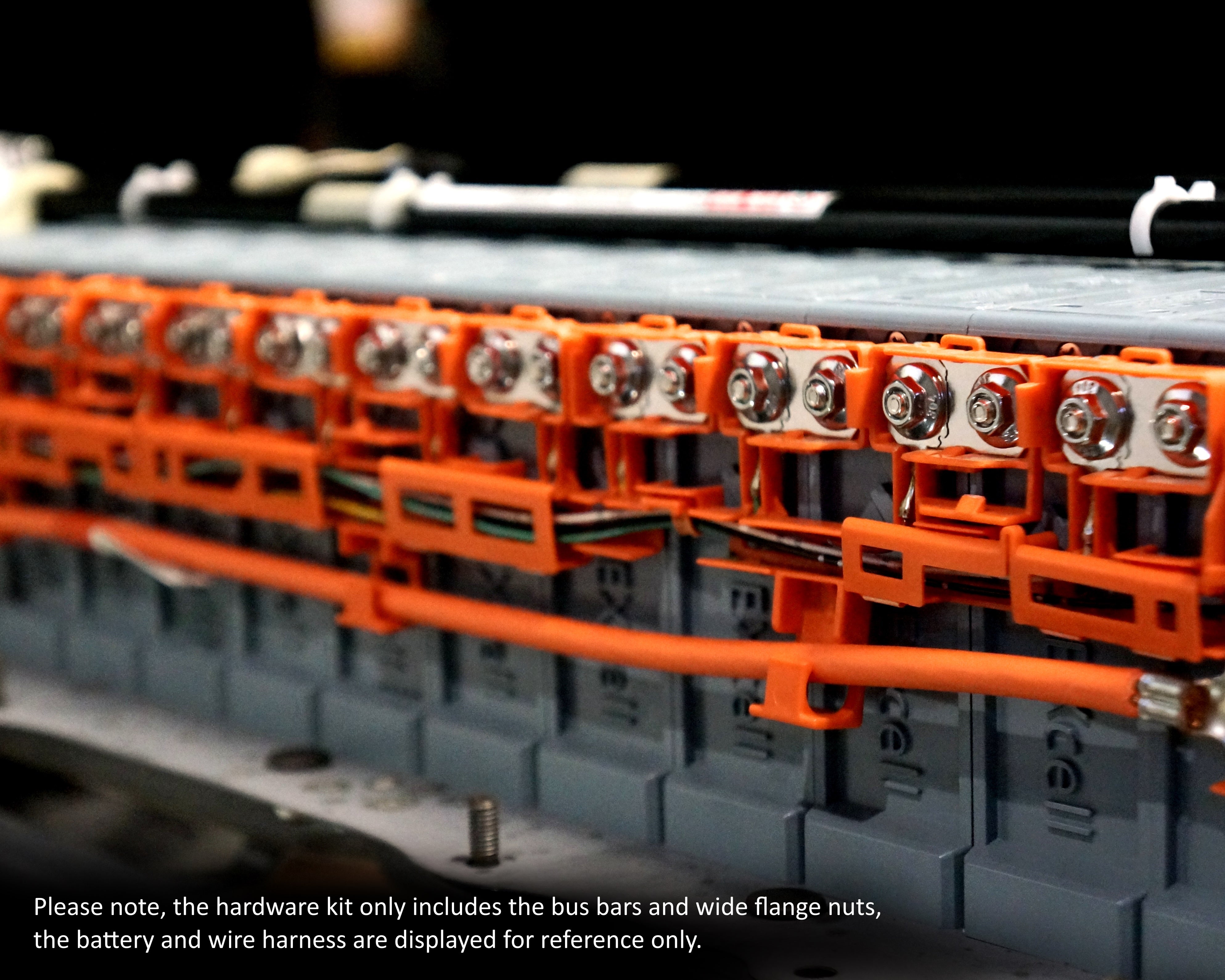 Acenbay bus bars and nuts shown installed on a sodium-ion battery; battery and harness shown for reference only