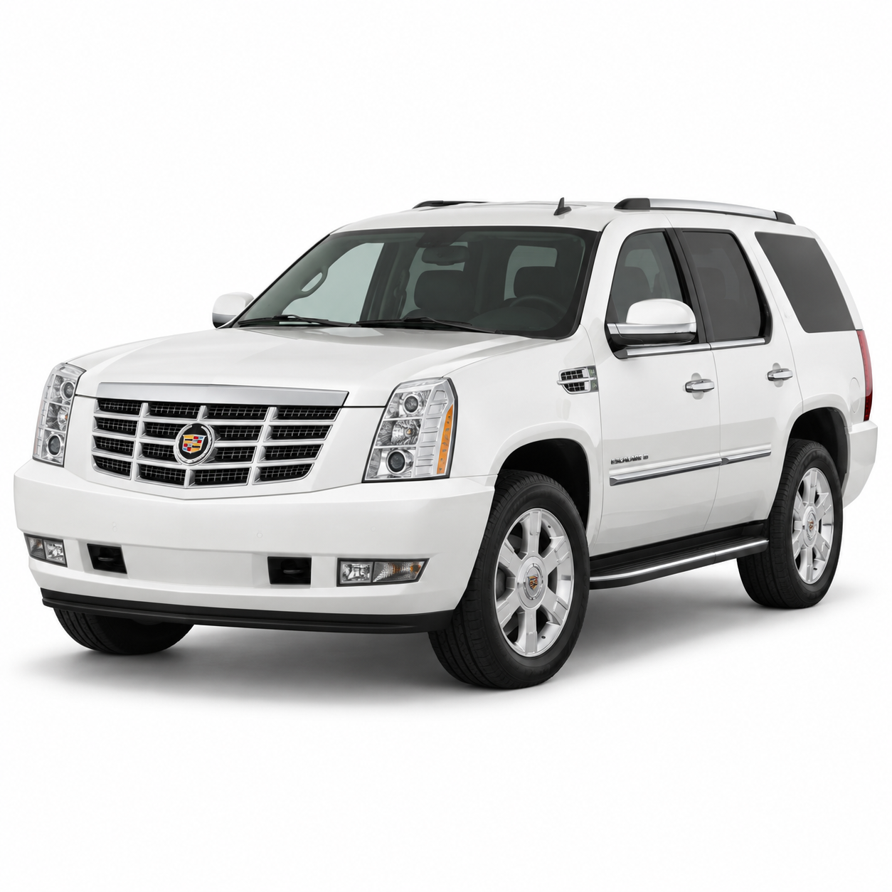 Illustrative white escalade-hybrid-gmt900 vehicle. Styling varies by year; not battery kit contents.