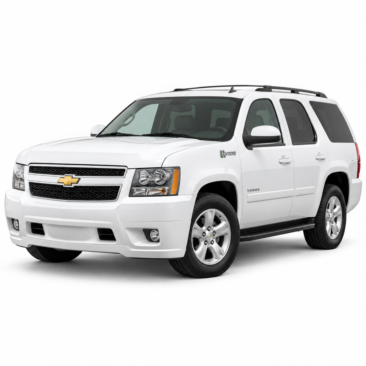 Illustrative white tahoe-hybrid-gmt900 vehicle. Styling varies by model year; not battery kit contents.